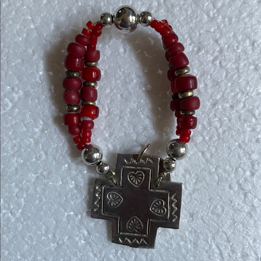 Sterling Silver Red Glass Beaded Finger Rosary.